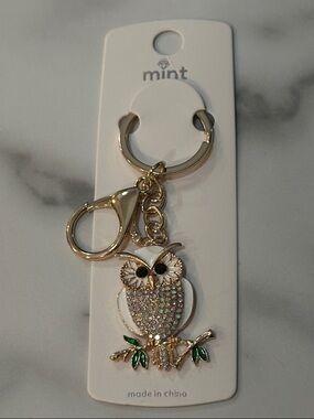 Mint Gold Owl Keychain with White and Green Details